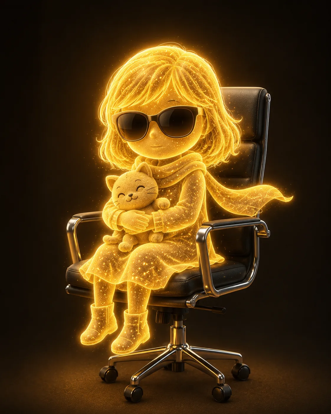 Chispita, la narradora de Huellas de Luz: una niña hecha de luz dorada con lentes de sol, abrazando un gatito.