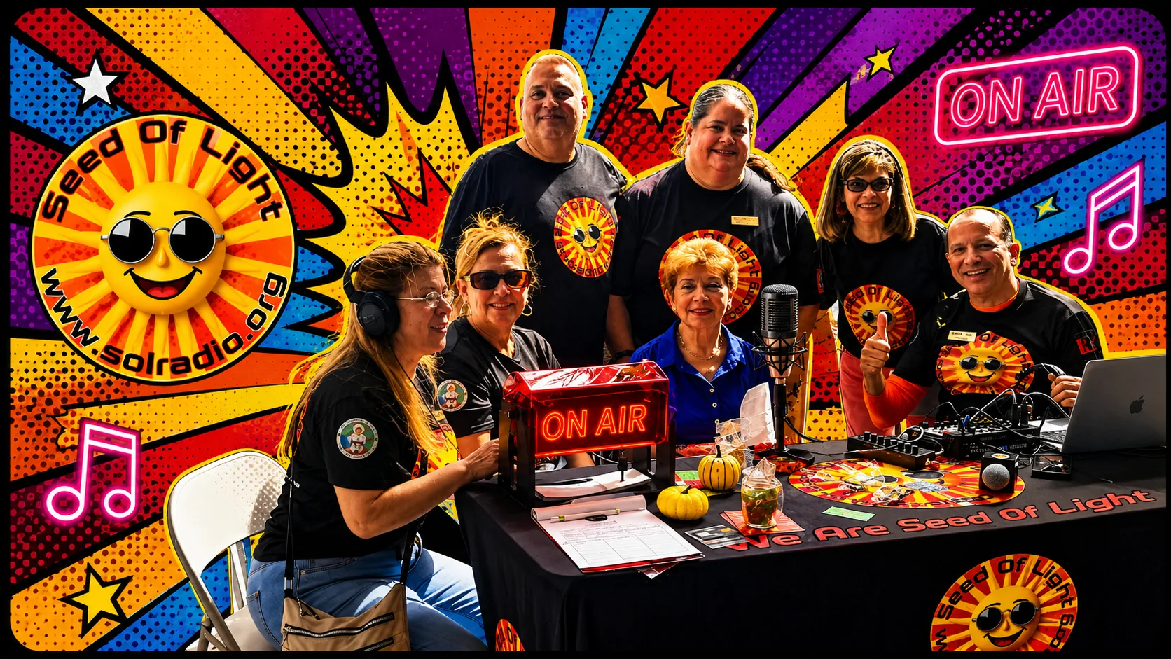 El equipo de SOL Radio reunido alrededor de la mesa de transmisión con el letrero ON AIR. We Are Seed Of Light.